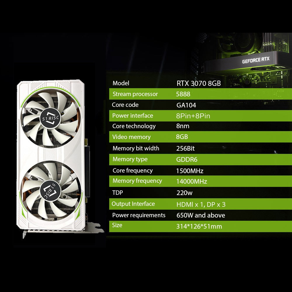 51RISC Graphics Card RTX3070 8GB NVIDIA GPU 12Pin GDDR6 256bit HDMI*1 DP*3 PCI-E 4.0 x16 rtx3070 8GB Gaming Video Card