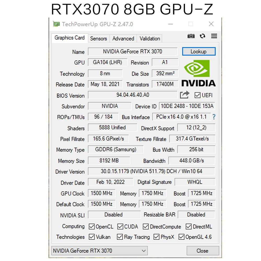 51RISC Graphics Card RTX3070 8GB NVIDIA GPU 12Pin GDDR6 256bit HDMI*1 DP*3 PCI-E 4.0 x16 rtx3070 8GB Gaming Video Card