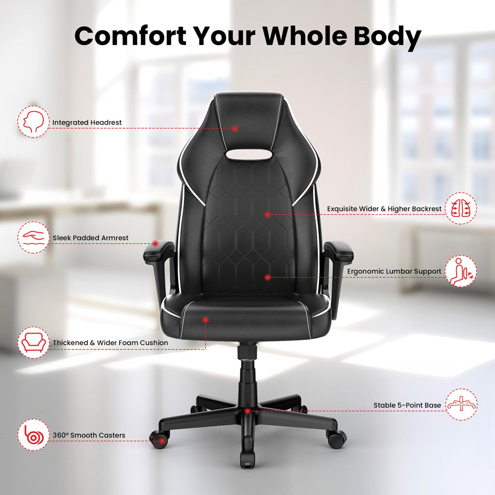 ACGAM CG-5354 Gaming Office Chair XL Version, Ergonomic Design, Flexible Tilting Tension and Height, Superior PVC Leather, Sleek Padded Armrests, 360° Smooth Swivel