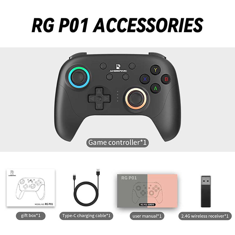 ANBERNIC RG P01 Game Controller, Hall Effect Triggers & Joystick, Six-axis Gyroscope, Bluetooth/2.4G Wireless/ Wired Connection, 9 Hours Autonomy, Compatible with PC, Switch, Android, iOS, Steam - Black