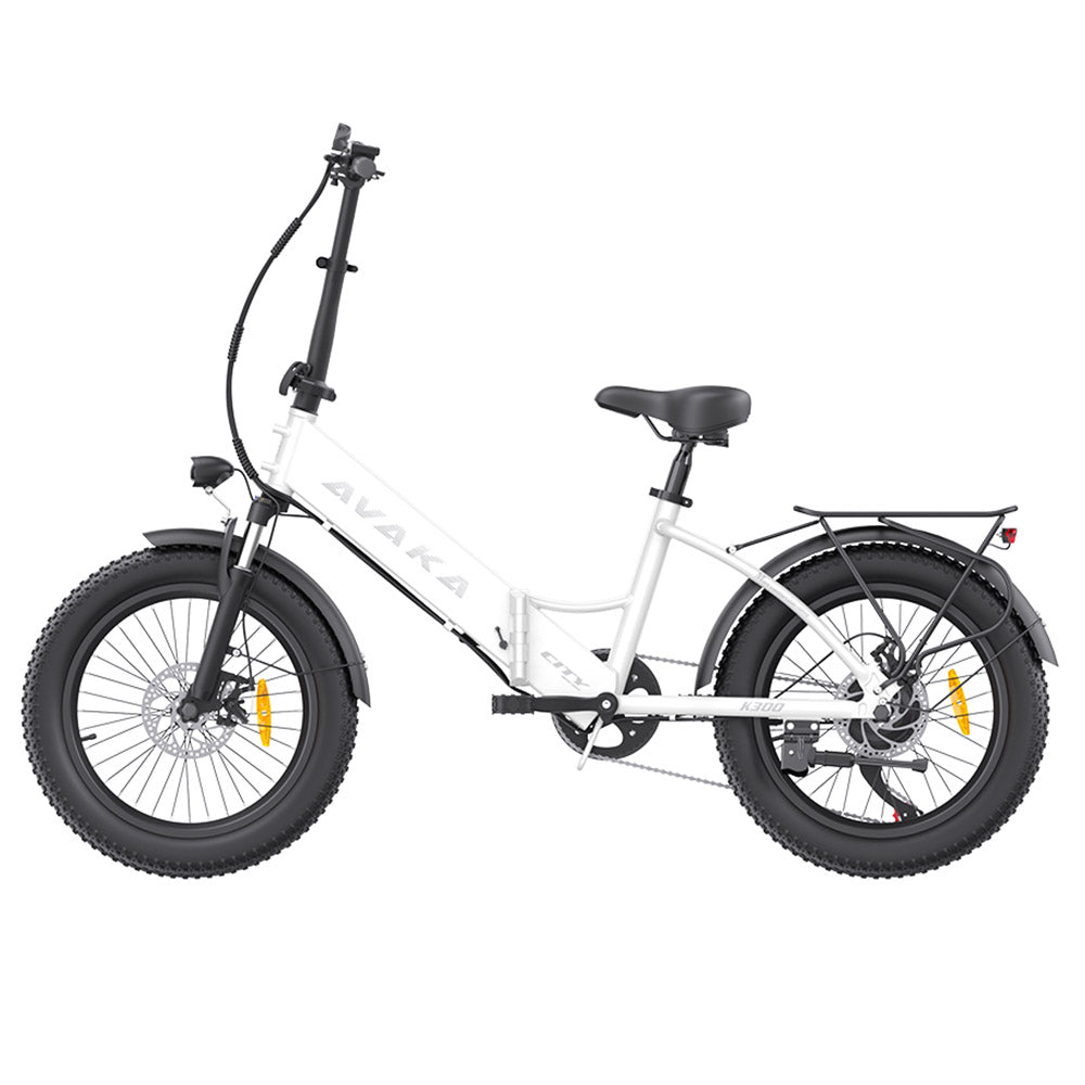 AVAKA K300 Folding Electric Bike, 350W Motor, 36V 16Ah Battery, 20*3.0 inch Tires, 31km/h Max Speed, 100km Range, Front & Rear Disc Brakes, LCD Display, SHIMANO 7-speed - White