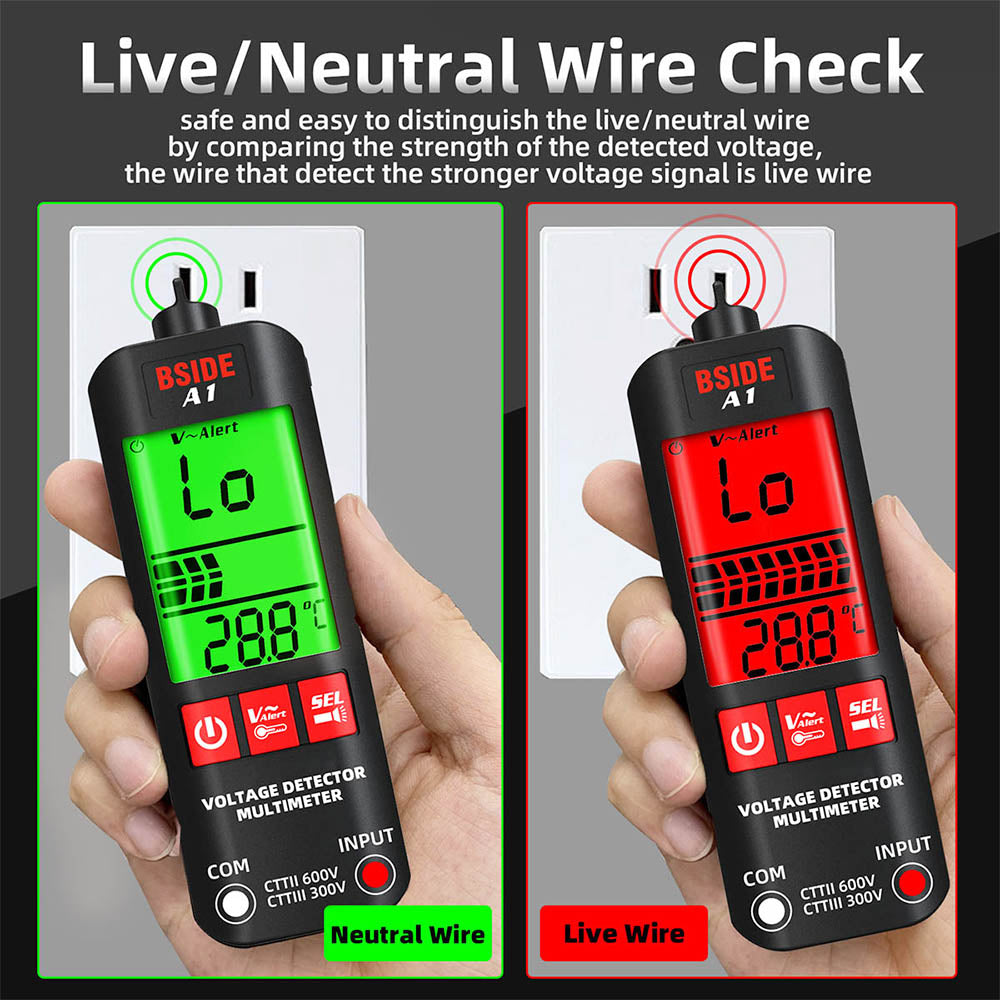 BSIDE A1 Digital Multimeter, Electrician Pen, Non-Contact Voltage Tester, Ohm Hz Meter, AC Live/Neutral Wire Test, Red & Green Backlight, with Storage Bag - Black