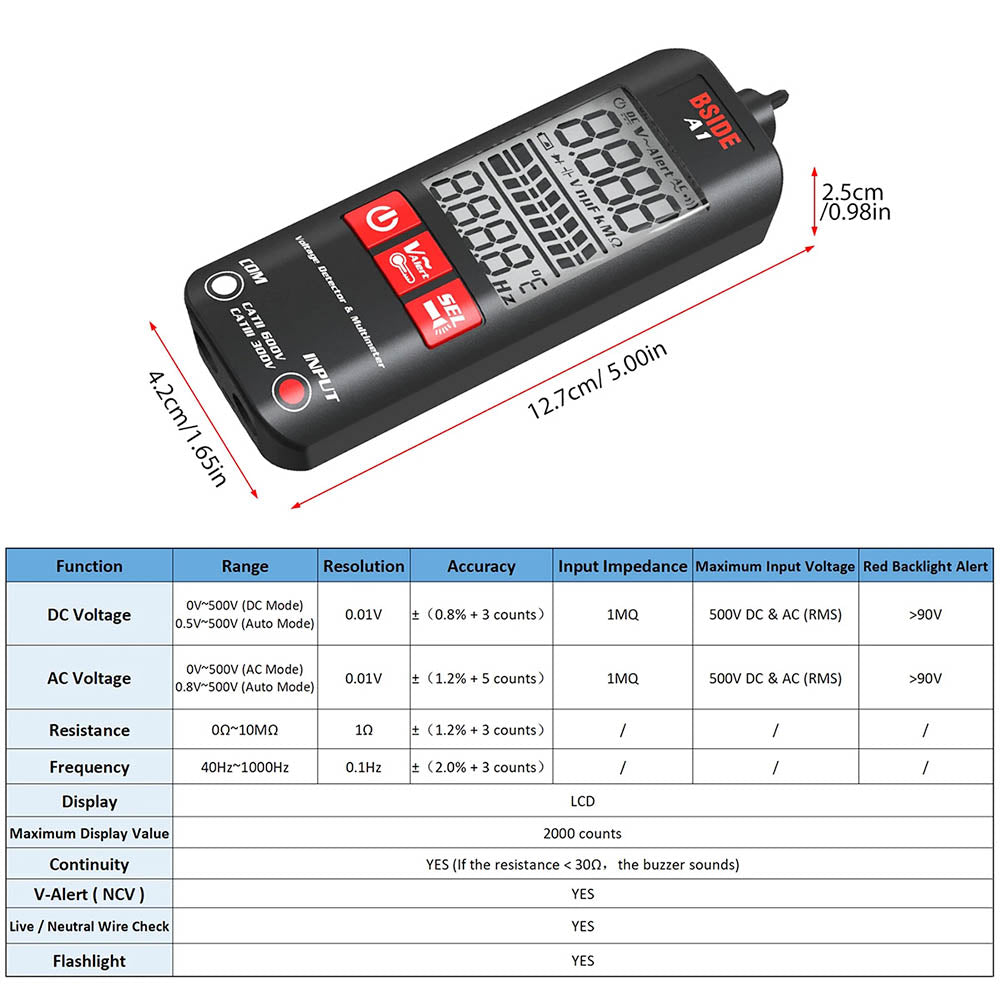 BSIDE A1 Digital Multimeter, Electrician Pen, Non-Contact Voltage Tester, Ohm Hz Meter, AC Live/Neutral Wire Test, Red & Green Backlight, with Storage Bag - Black