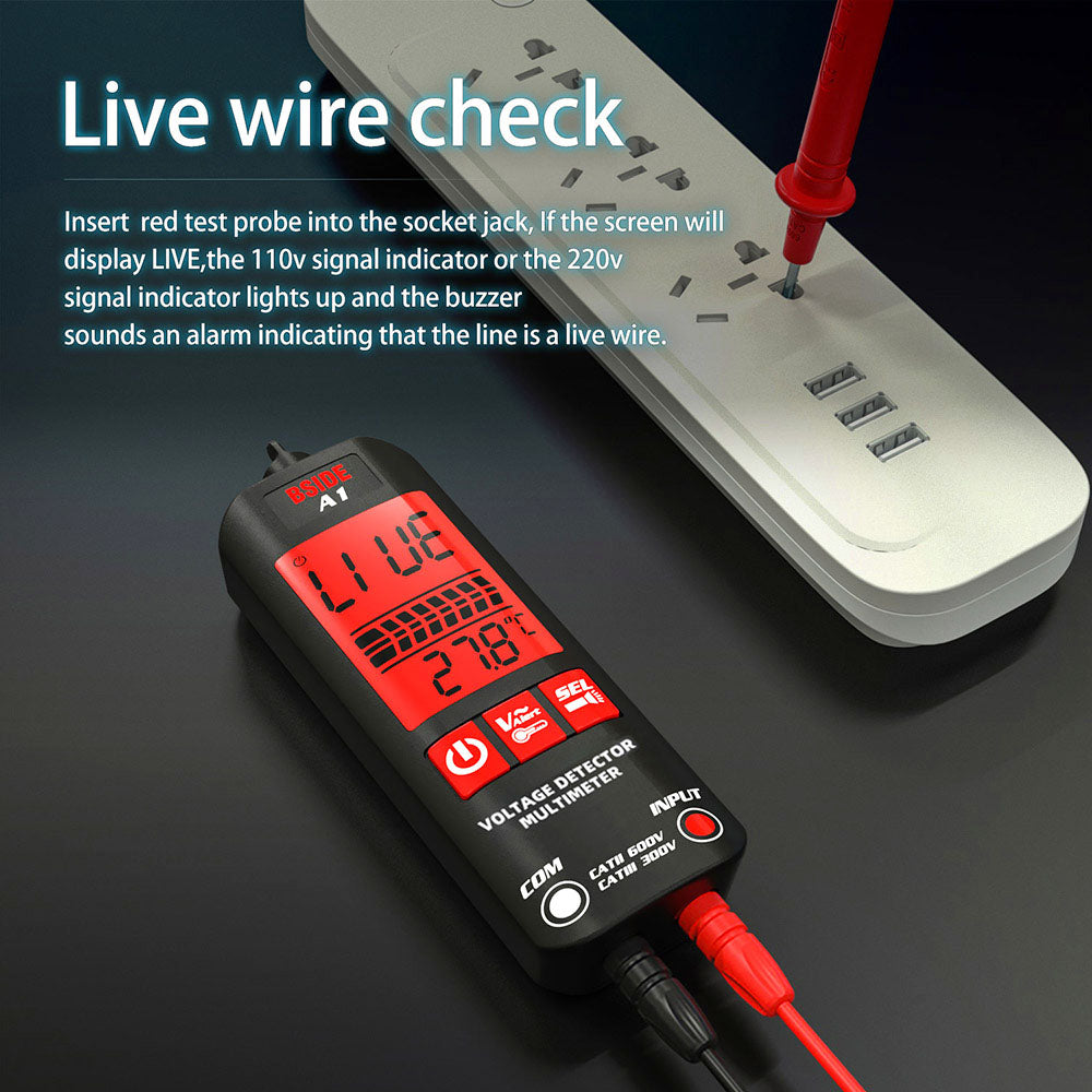 BSIDE A1 Digital Multimeter, Electrician Pen, Non-Contact Voltage Tester, Ohm Hz Meter, AC Live/Neutral Wire Test, Red & Green Backlight, with Storage Bag - Black