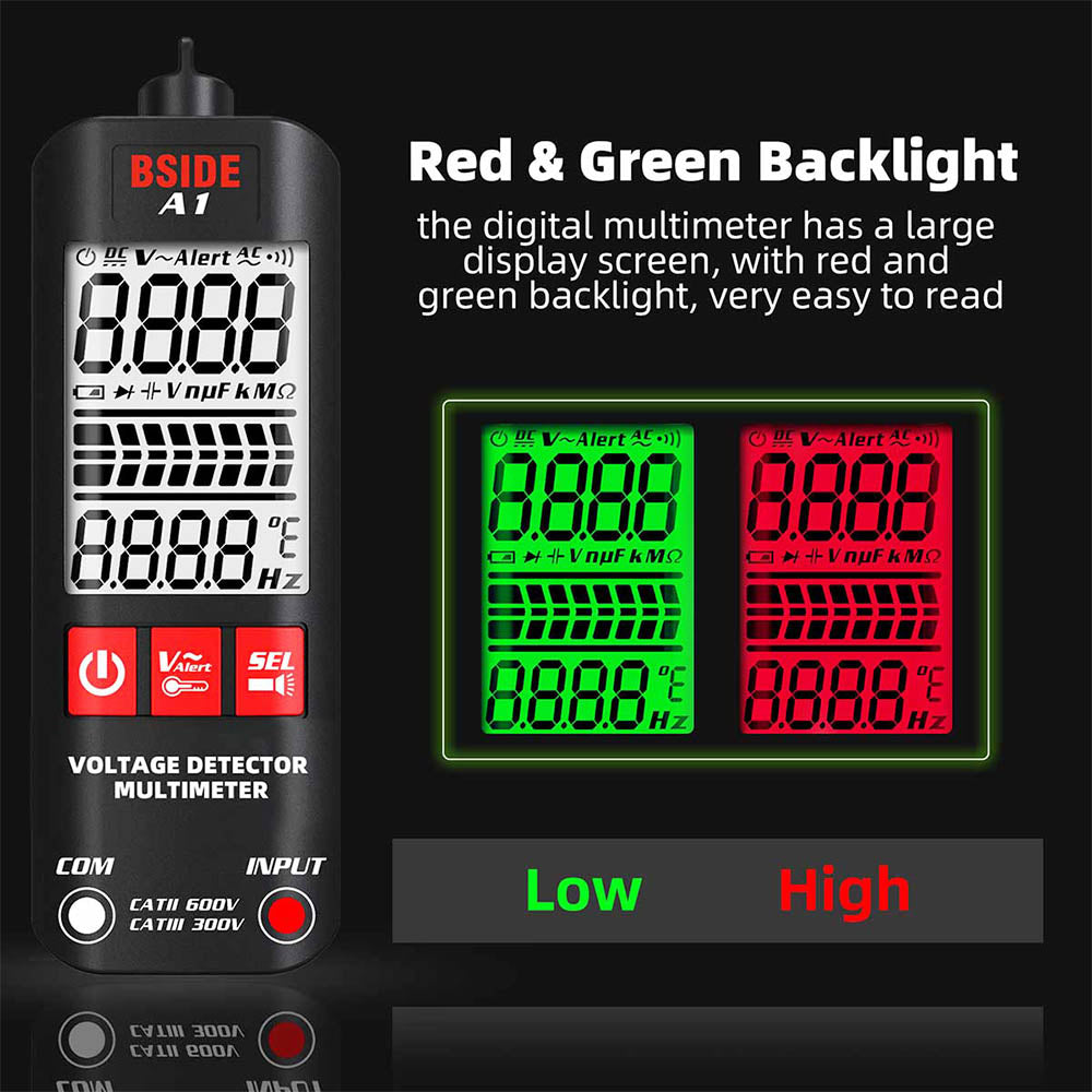 BSIDE A1 Digital Multimeter, Electrician Pen, Non-Contact Voltage Tester, Ohm Hz Meter, AC Live/Neutral Wire Test, Red & Green Backlight, with Storage Bag - Black