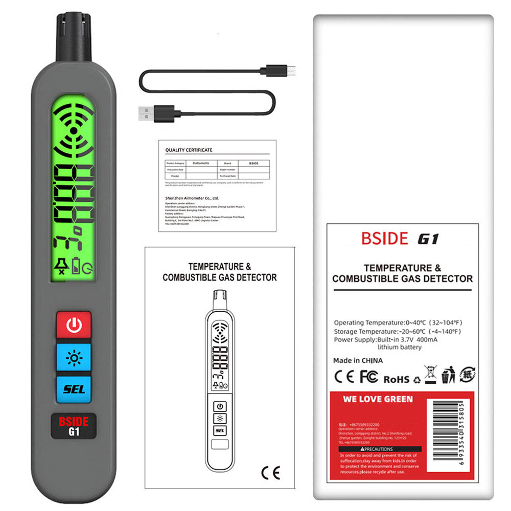 BSIDE G1 Combustible Gases Leak Detector, Natural Gases Leakage Detection, LCD Display with Backlight, Sound & Light & Vibration Alarm, without Bag