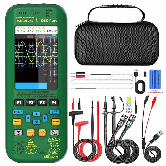BSIDE O7 3 in 1 Oscilloscope Multimeter, Voltage/ Current/ Capacitance/ Frequency/ Resistance/ Continuity/ Diode Tester, 3.98" LCD Screen, 25Mhz Bandwidth, Dual Channel, Auto Shutdown, 6000 Count  - Green