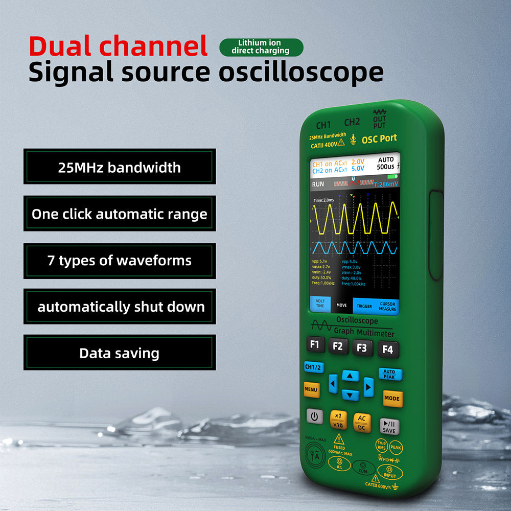BSIDE O7 3 in 1 Oscilloscope Multimeter, Voltage/ Current/ Capacitance/ Frequency/ Resistance/ Continuity/ Diode Tester, 3.98" LCD Screen, 25Mhz Bandwidth, Dual Channel, Auto Shutdown, 6000 Count - Green