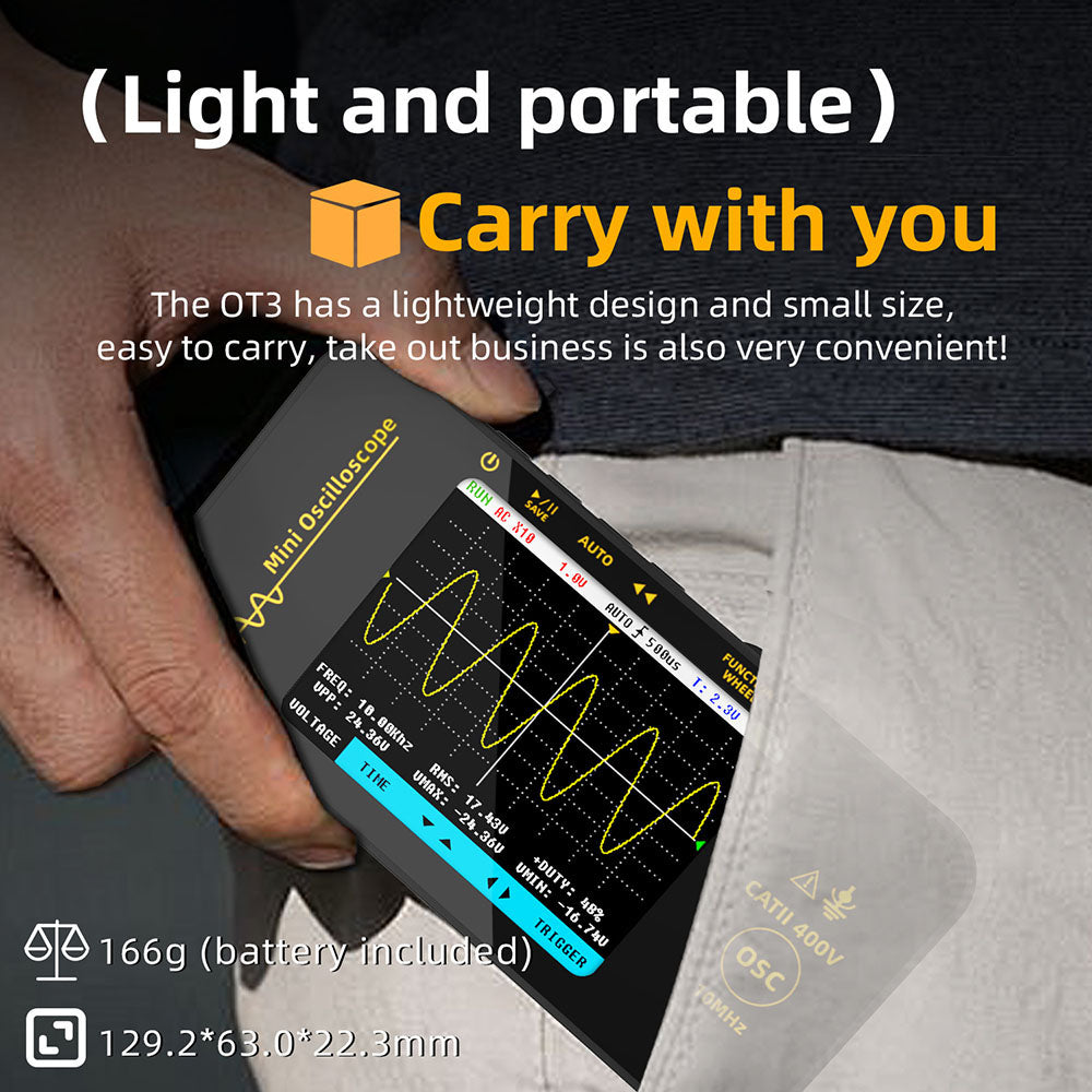 BSIDE OT3 Oscilloscope with Probe, 3.2" TFT Color Screen, 10MHz Bandwidth, Real-Time Sampling 48MSa/s, 1200mAh Battery, for Outdoor Maintenance, Automotive Repair, and Power Detection