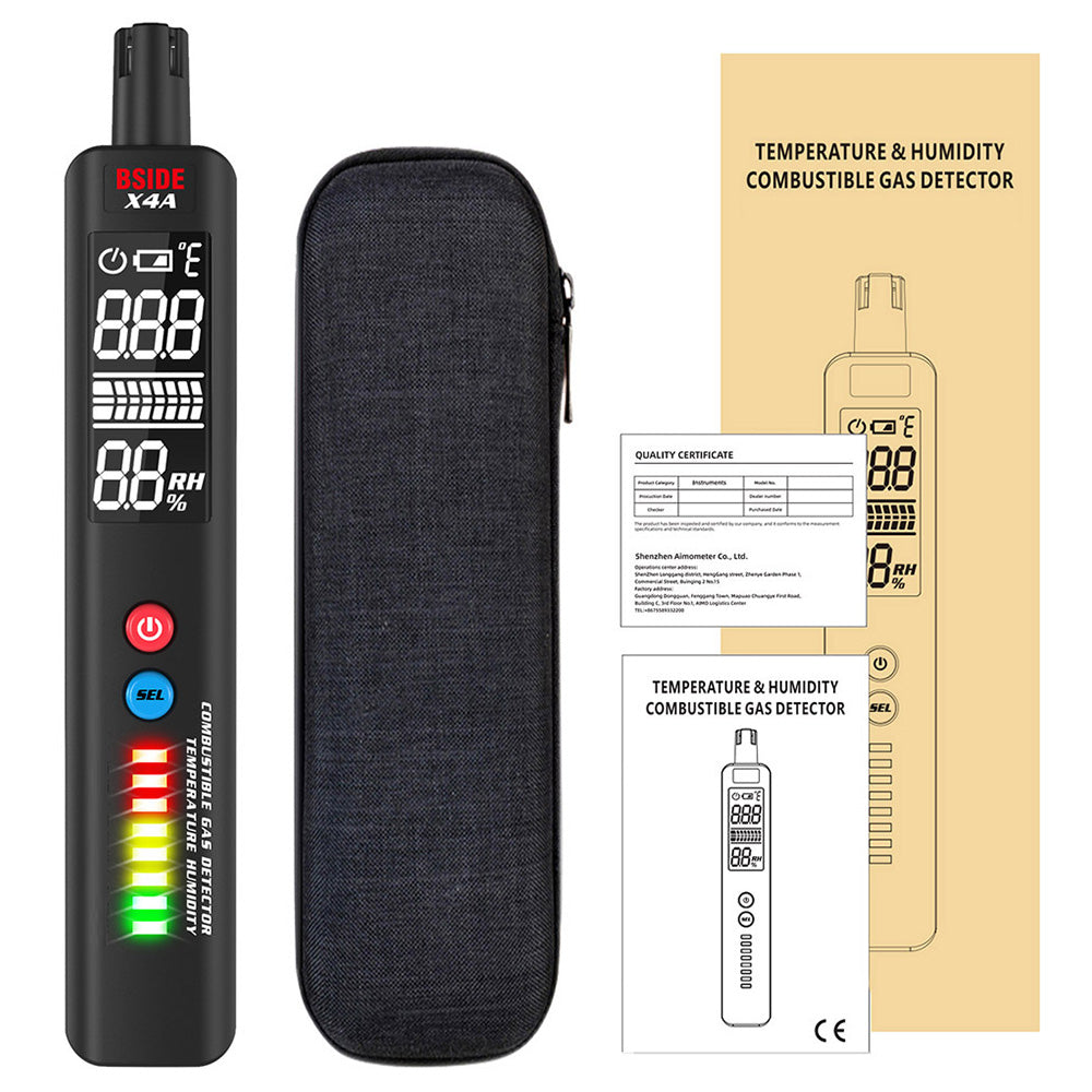 BSIDE X4A Digital Hygrometer Gas Detector, Combustible Gas Analyzer, Temperature and Humidity Tester, with Audible and Visual Alarm, LCD Display, No Batteries, with Bag