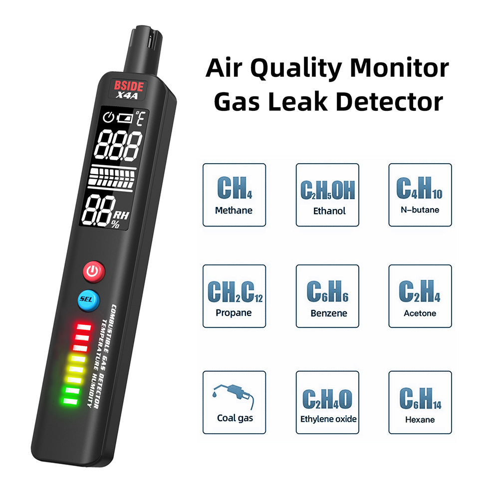 BSIDE X4A Digital Hygrometer Gas Detector, Combustible Gas Analyzer, Temperature and Humidity Tester, with Audible and Visual Alarm, LCD Display, No Batteries, with Bag