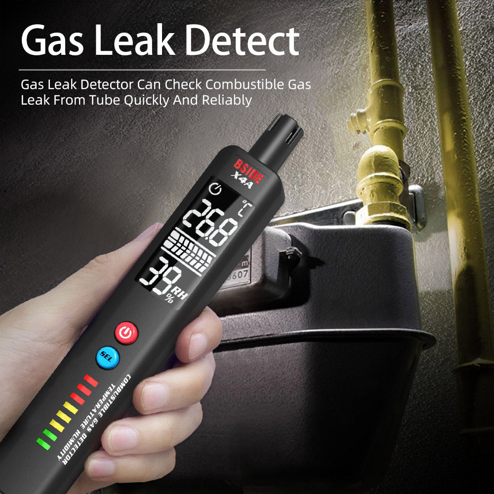 BSIDE X4A Digital Hygrometer Gas Detector, Combustible Gas Analyzer, Temperature and Humidity Tester, with Audible and Visual Alarm, LCD Display, No Batteries, with Bag
