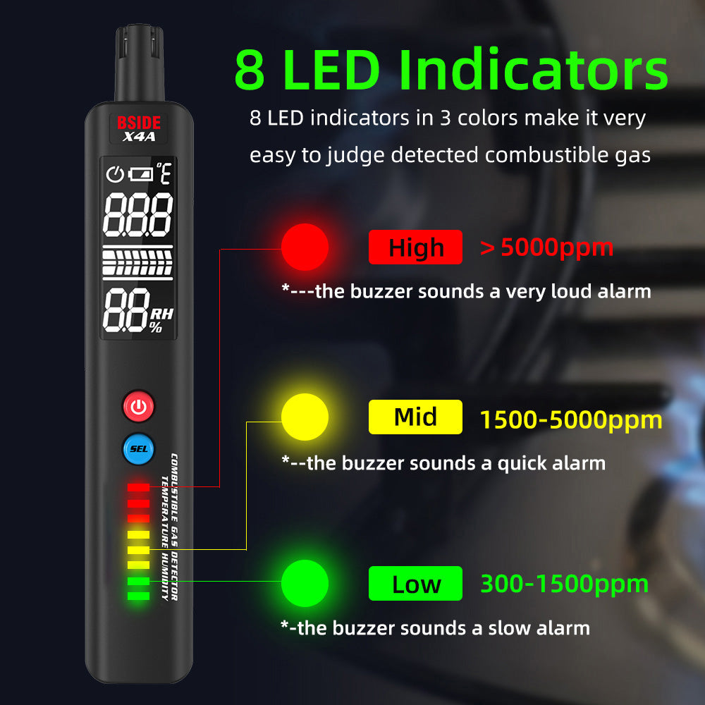 BSIDE X4A Digital Hygrometer Gas Detector, Combustible Gas Analyzer, Temperature and Humidity Tester, with Audible and Visual Alarm, LCD Display, No Batteries, with Bag