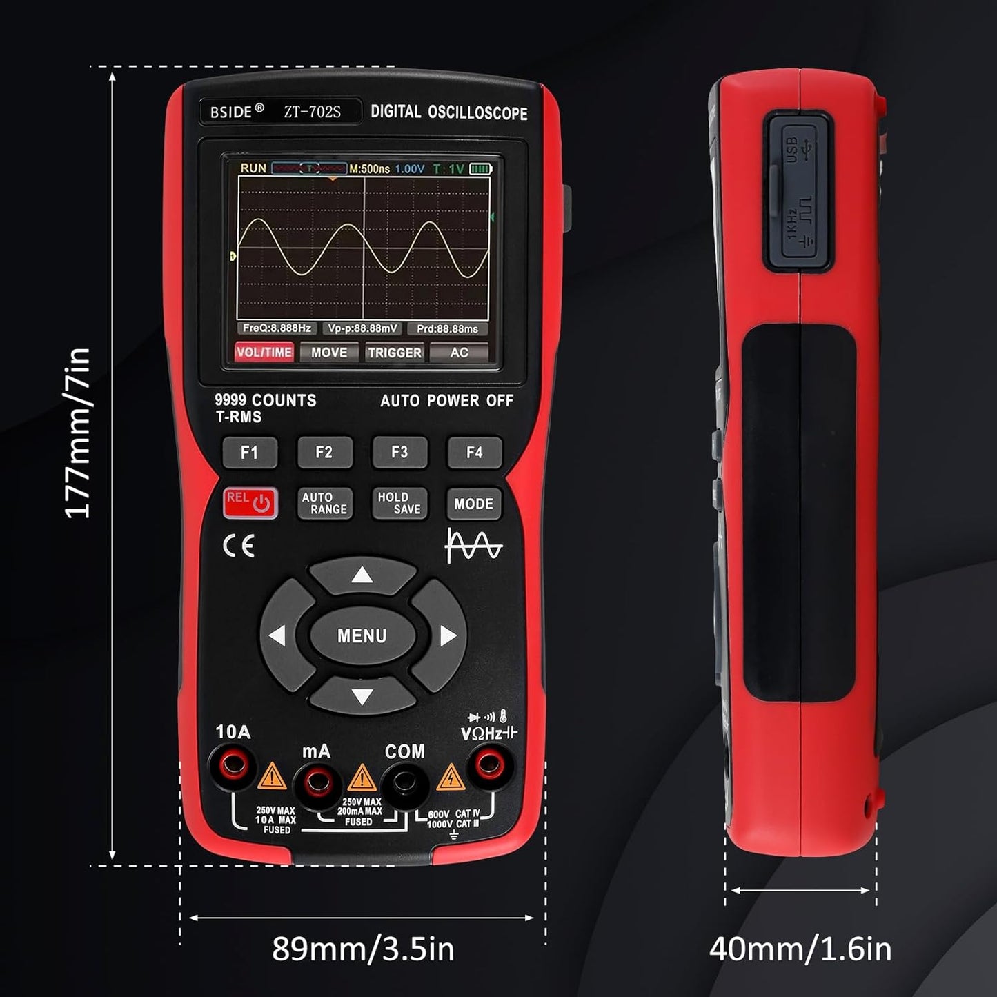 BSIDE ZT702S Digital Multimeter, Oscilloscope, Auto True RMS, Transistor Probe Meter, 48M/s 10MHz PC Waveform, 2.8inch LCD Screen