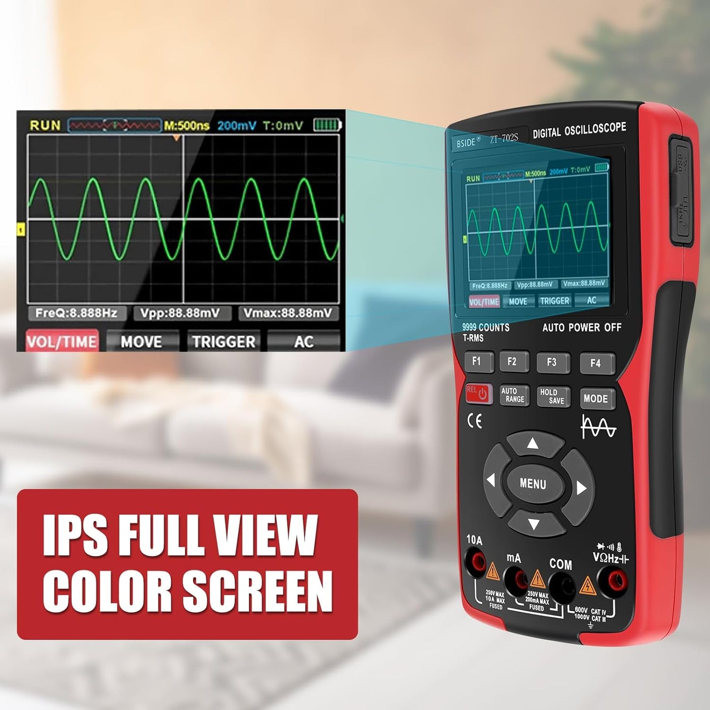 BSIDE ZT702S Digital Multimeter, Oscilloscope, Auto True RMS, Transistor Probe Meter, 48M/s 10MHz PC Waveform, 2.8inch LCD Screen