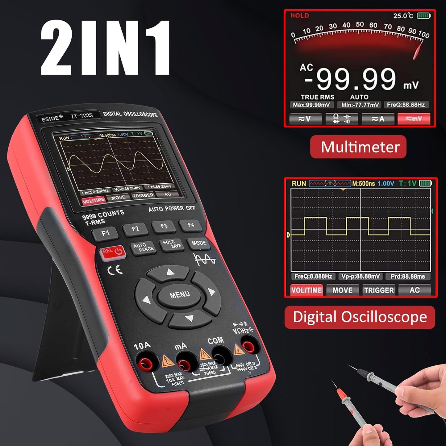 BSIDE ZT702S Digital Multimeter, Oscilloscope, Auto True RMS, Transistor Probe Meter, 48M/s 10MHz PC Waveform, 2.8inch LCD Screen