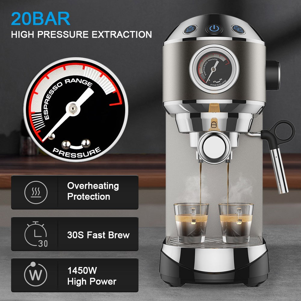 BioloMix CM7008 Semi-Automatic Espresso Coffee Maker with Milk Steam Frother Wand, 20 Bar Pressure, 1.1L Water Tank, Single/Double Cup