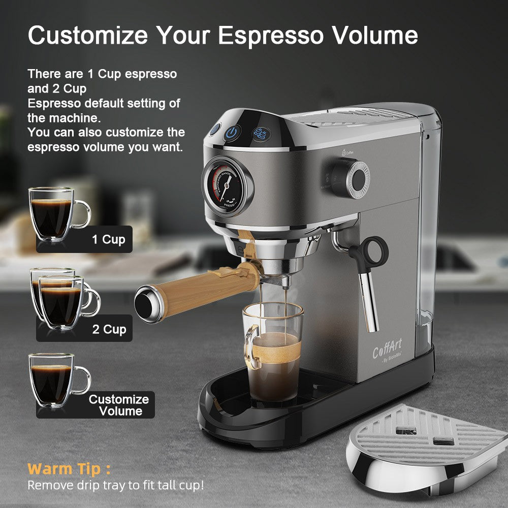 BioloMix CM7008 Semi-Automatic Espresso Coffee Maker with Milk Steam Frother Wand, 20 Bar Pressure, 1.1L Water Tank, Single/Double Cup