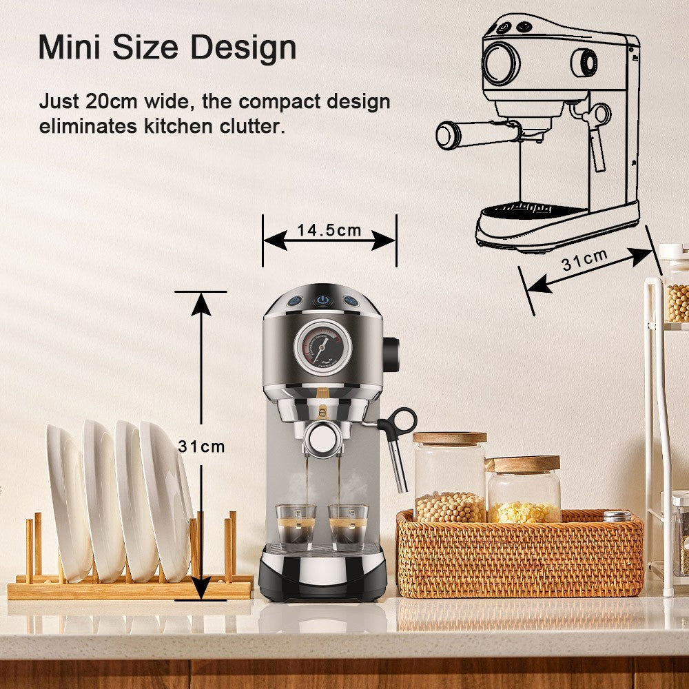 BioloMix CM7008 Semi-Automatic Espresso Coffee Maker with Milk Steam Frother Wand, 20 Bar Pressure, 1.1L Water Tank, Single/Double Cup
