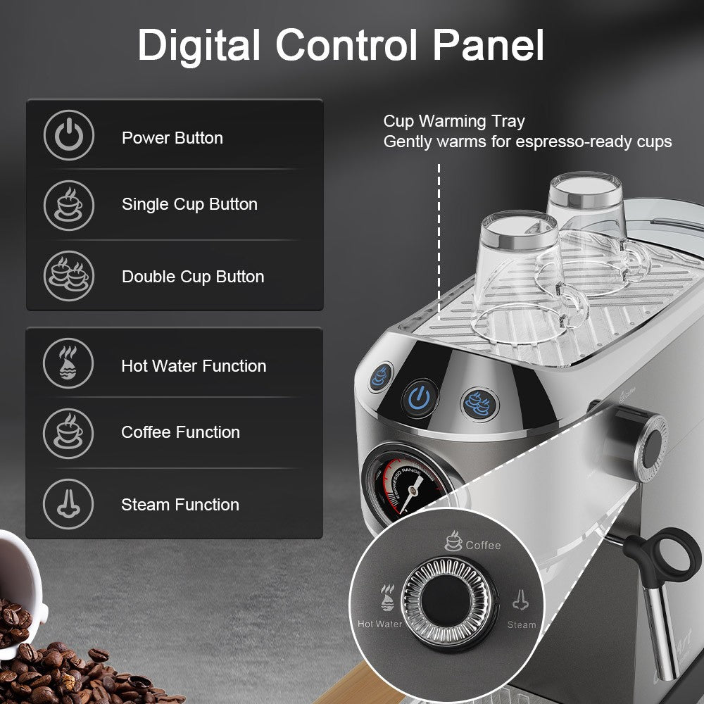BioloMix CM7008 Semi-Automatic Espresso Coffee Maker with Milk Steam Frother Wand, 20 Bar Pressure, 1.1L Water Tank, Single/Double Cup