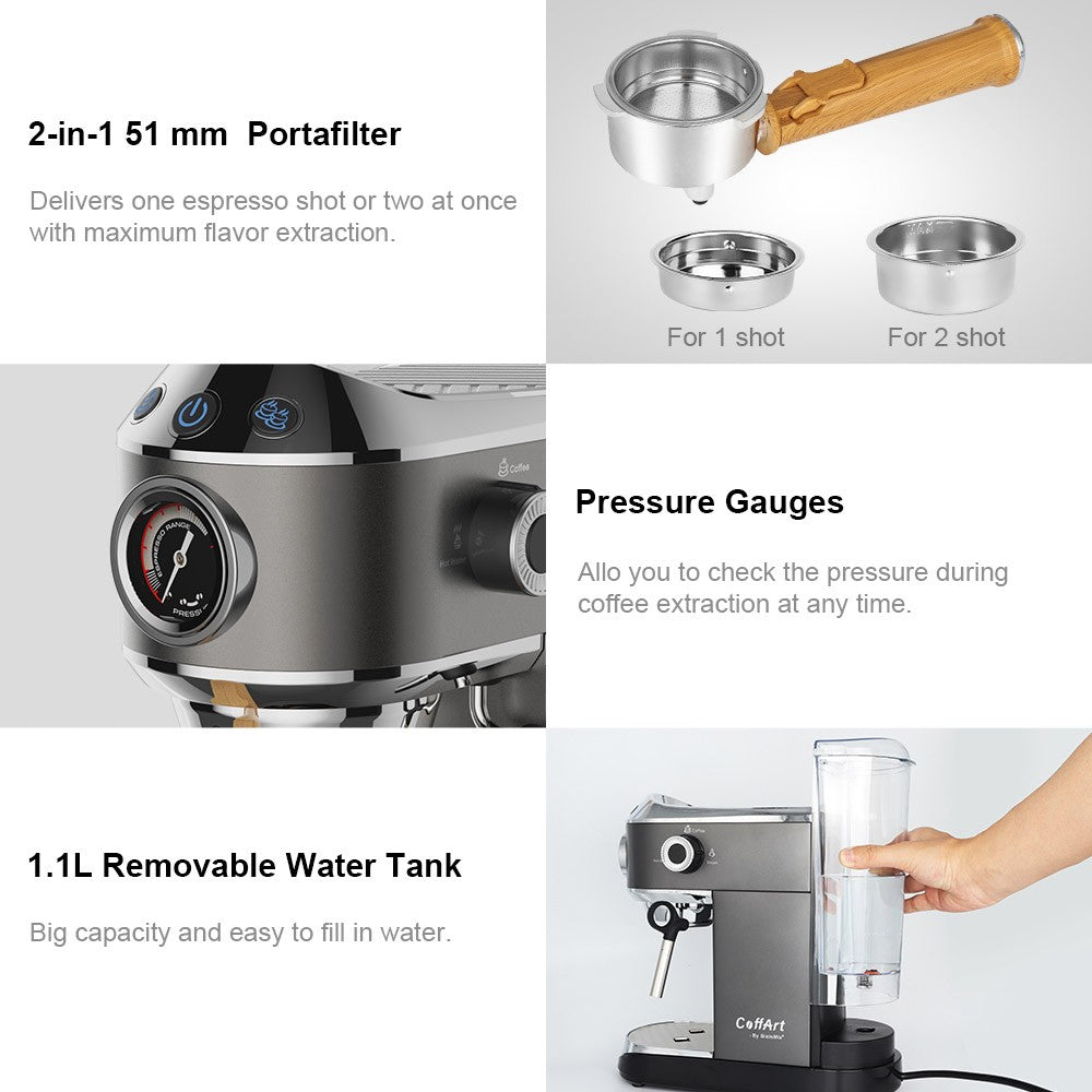BioloMix CM7008 Semi-Automatic Espresso Coffee Maker with Milk Steam Frother Wand, 20 Bar Pressure, 1.1L Water Tank, Single/Double Cup
