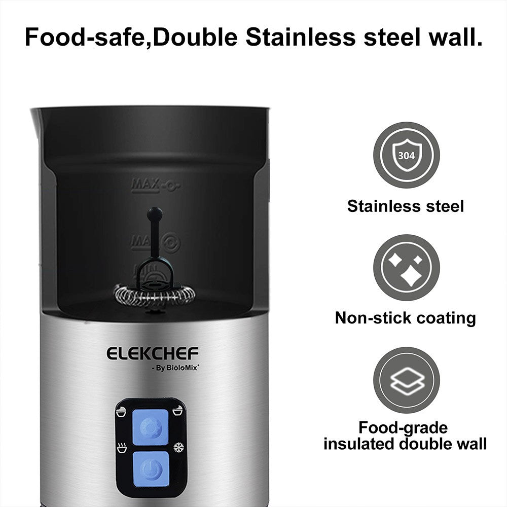 BioloMix MF600 4 in 1 500W Hot Cold Milk Frother, Coffee Frothing Foamer, Automatic Milk Warmer, Food-grade Safe, Double Stainless Steel Wall - Silver