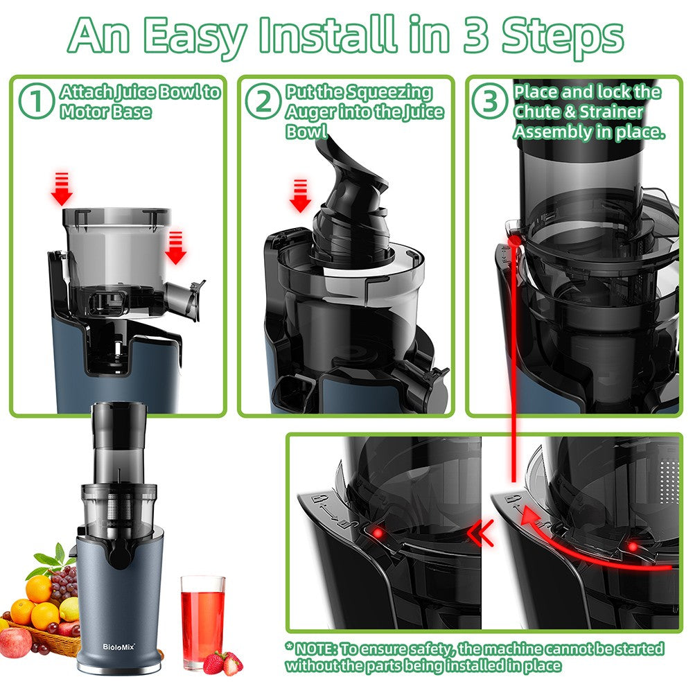 BioloMix SJ-017 Cold Press Juicer, with 78mm/3.07in Feed Chute, 200W 40-65RPM Powerful Motor, Low Noise Slow Masticating Juice Machine