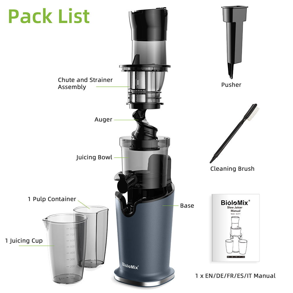BioloMix SJ-017 Cold Press Juicer, with 78mm/3.07in Feed Chute, 200W 40-65RPM Powerful Motor, Low Noise Slow Masticating Juice Machine