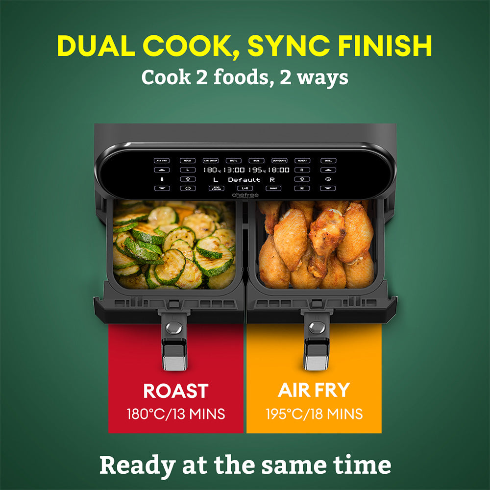 CHEFREE AFW20 Dual Air Fryer, with Viewing Window, 8L Family Sized, Nonstick, 8-in-1 Smart Programmes, Dishwasher Safe, Roast, Grill, Bake & Dehydrate