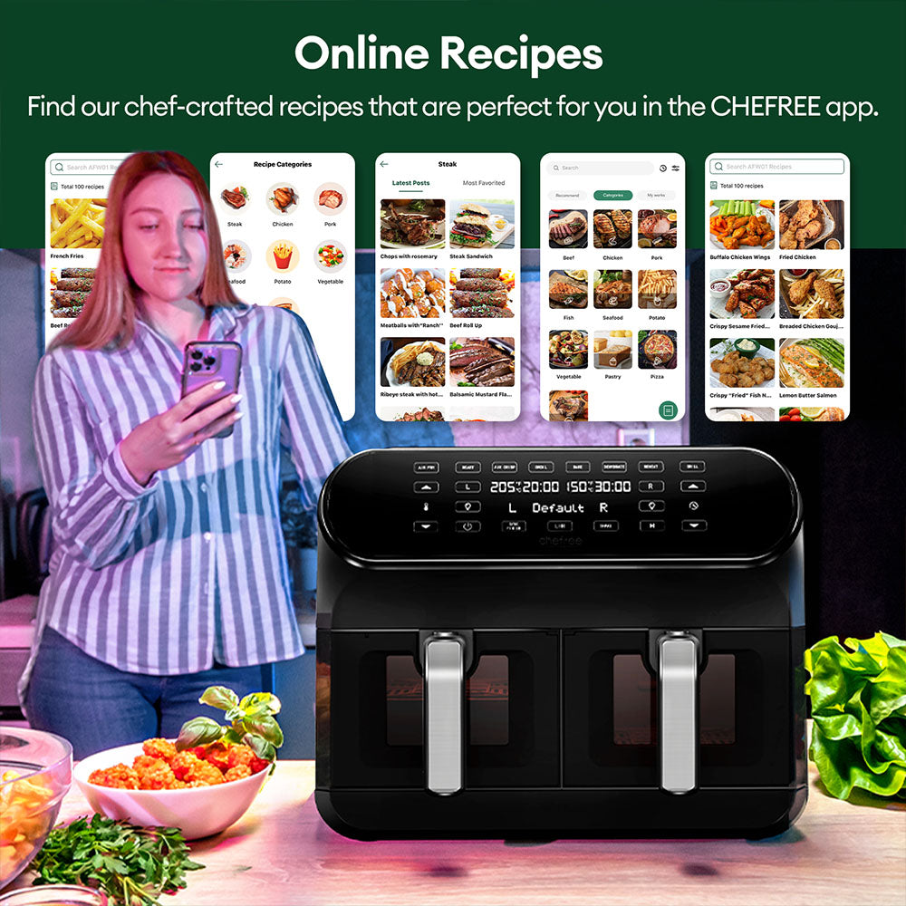 CHEFREE AFW20 Dual Air Fryer, with Viewing Window, 8L Family Sized, Nonstick, 8-in-1 Smart Programmes, Dishwasher Safe, Roast, Grill, Bake & Dehydrate
