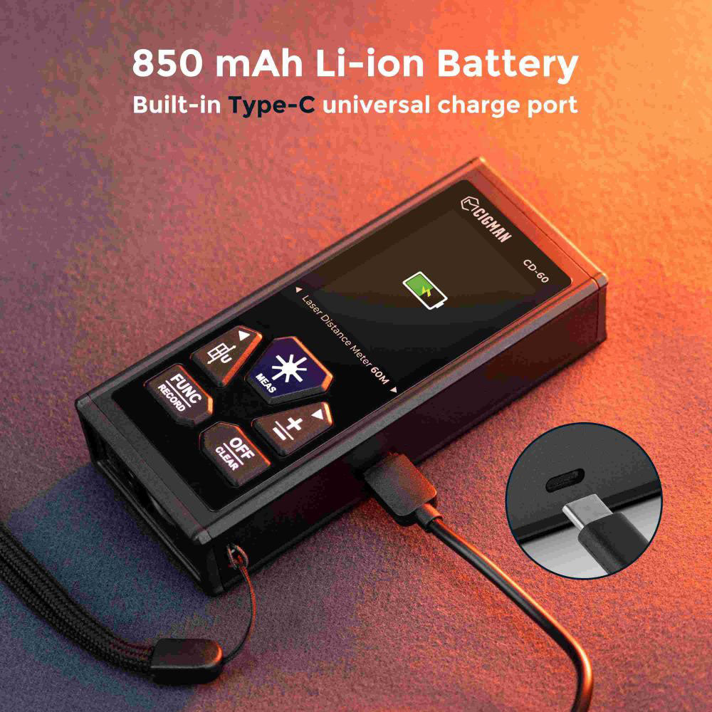 CIGMAN CD-60 Bilateral Laser Distance Meter, 393ft/120M Bilateral Measurement, with M/in/Ft Multiple Units