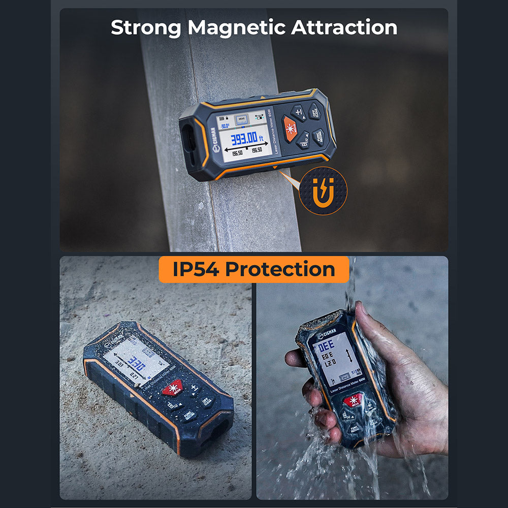 CIGMAN CD-60R 393Ft/120M Bilateral Red Laser Measure, LCD Display, with 6 Units Ft/in/M, Angle Sensor, Multiple Measure Mode, Magnetic Back