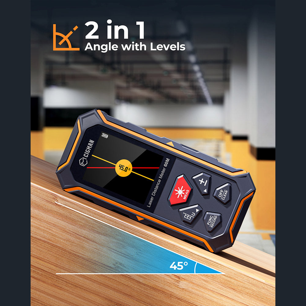 CIGMAN CD-60R 393Ft/120M Bilateral Red Laser Measure, LCD Display, with 6 Units Ft/in/M, Angle Sensor, Multiple Measure Mode, Magnetic Back