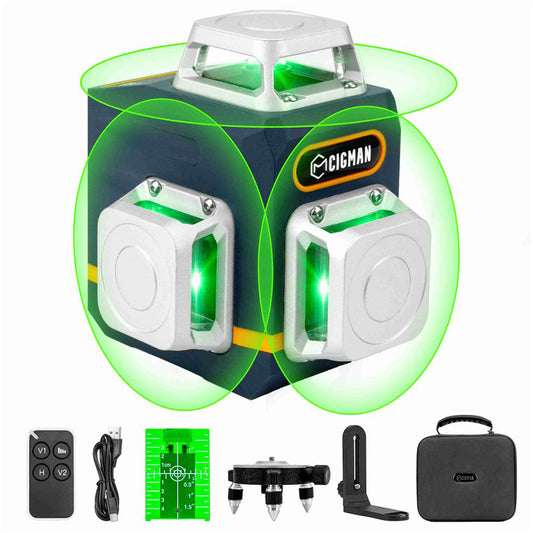CIGMAN CM-701 3x360° Self Leveling Laser Level, 100ft 3D Green Cross Line, Rechargeable Battery, Remote Control