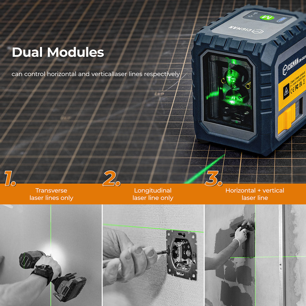 CIGMAN CM-G02A 2 Lines Laser Level, Selectable Laser Lines, Rechargeable Battery, 100 Ft Visibility, Rotatable 360°