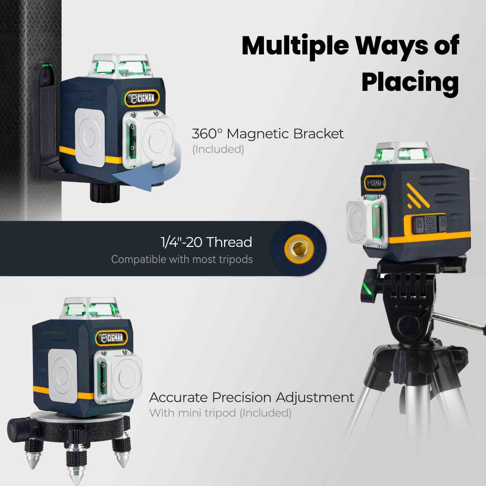 CIGMAN CM720 2 x 360° 8 Line Laser Level, Green Cross Line, Self Leveling, with Remote Controller, Type-C Rechargeable, Magnetic Rotating Stand, IP45 Water & Dust Proof, 100ft Working Range
