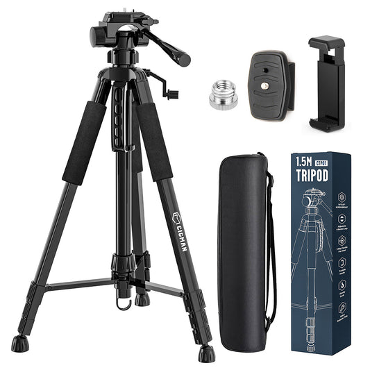 CIGMAN CTP01 1.5m/59inch Laser Level Tripod, with 3-Way Swivel Pan Head and Phone Holder, Quick Release Plate with 1/4" Screw Mount & 5/8" UNF Adapter Nut