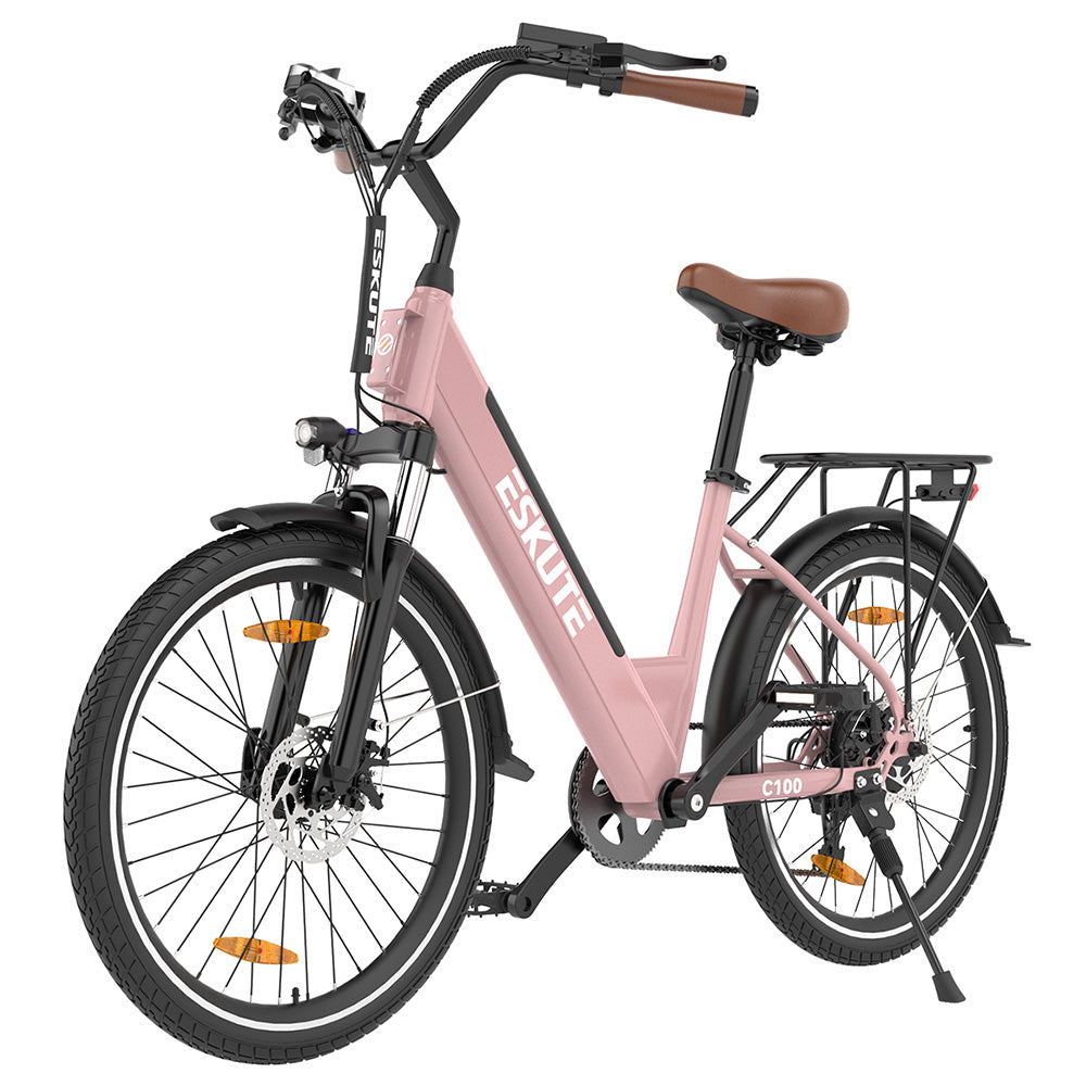 ESKUTE C100 Electric Bike, 250W Motor, 36V 10.4Ah Battery, 26*1.75-inch Tires, 25km/h Max Speed, 50-60km Range, Mechanical Disc Brakes, SHIMANO 7 Speed - Pink