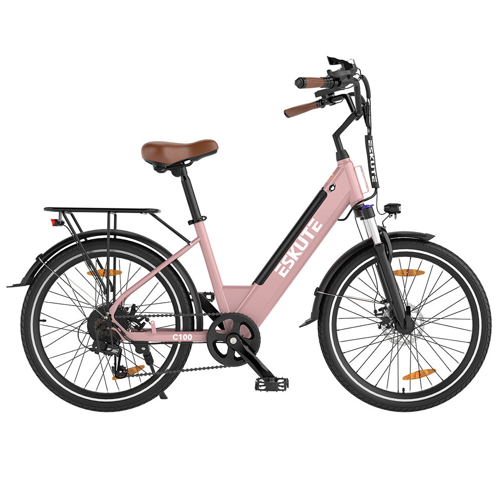 ESKUTE C100 Electric Bike, 250W Motor, 36V 10.4Ah Battery, 26*1.75-inch Tires, 25km/h Max Speed, 50-60km Range, Mechanical Disc Brakes, SHIMANO 7 Speed - Pink