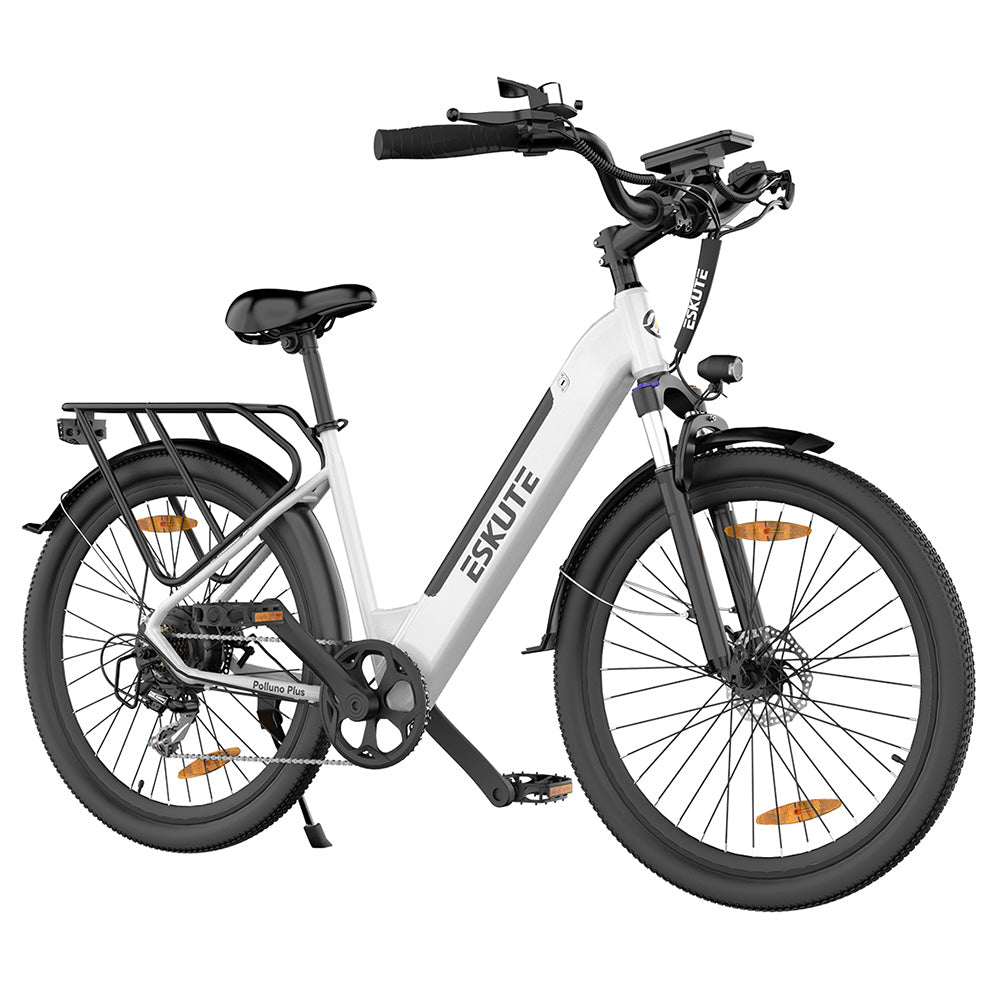 ESKUTE Polluno Plus Electric Bike, 250W Motor, 36V 20Ah Battery, 26*1.75-inch, 25km/h Max Speed, 100km Range, Mechanical Disc Brakes, Shimano 7-Speed - White