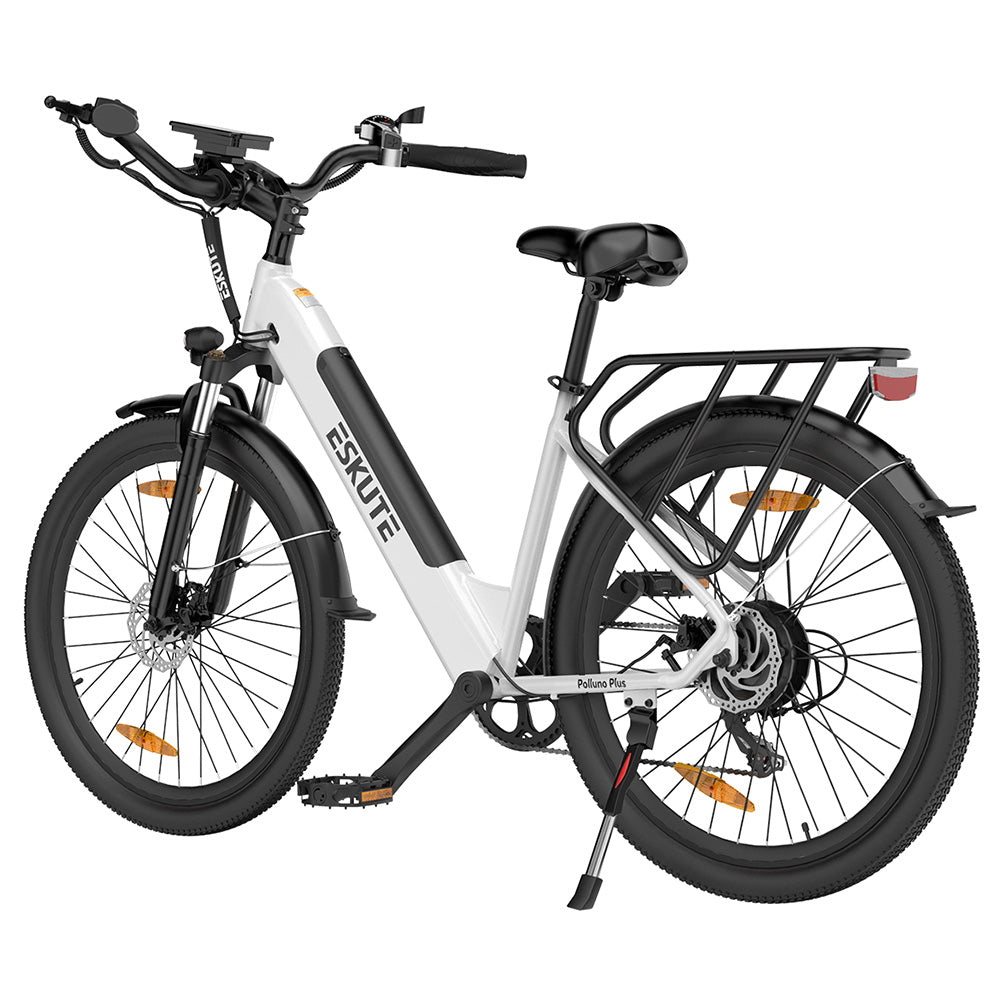 ESKUTE Polluno Plus Electric Bike, 250W Motor, 36V 20Ah Battery, 26*1.75-inch, 25km/h Max Speed, 100km Range, Mechanical Disc Brakes, Shimano 7-Speed - White