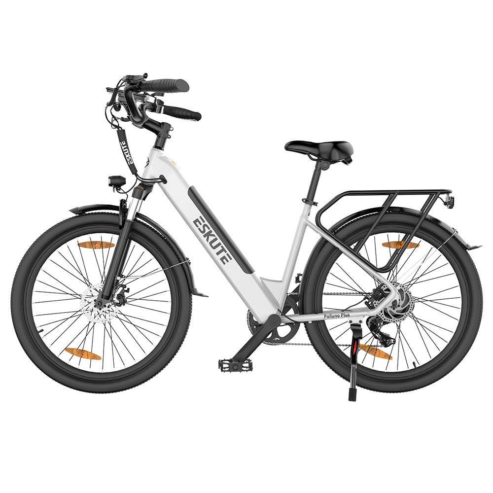ESKUTE Polluno Plus Electric Bike, 250W Motor, 36V 20Ah Battery, 26*1.75-inch, 25km/h Max Speed, 100km Range, Mechanical Disc Brakes, Shimano 7-Speed - White
