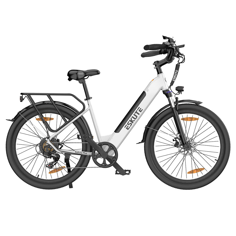 ESKUTE Polluno Plus Electric Bike, 250W Motor, 36V 20Ah Battery, 26*1.75-inch, 25km/h Max Speed, 100km Range, Mechanical Disc Brakes, Shimano 7-Speed - White
