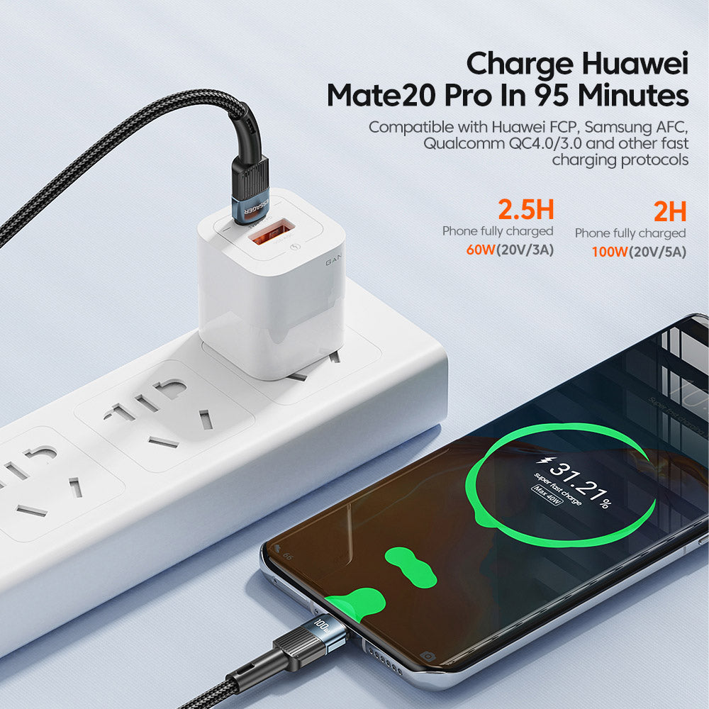 ESSAGER 100W Type-C to Type-C Data Cable, PD Fast Charging, 480Mbps Transmission Speed, for MacBook / Tablet / Huawei Samsung Mobile Phone - 1m Cable
