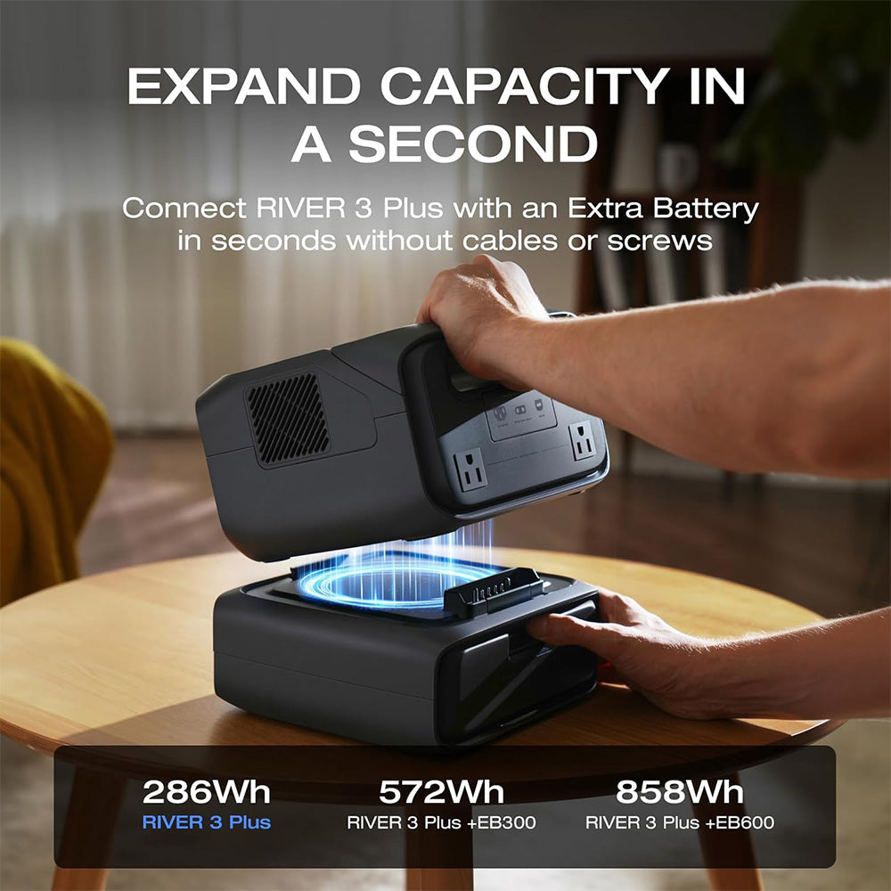 EcoFlow RIVER 3 Plus Portable Power Station, 286Wh LiFePO4 Battery, 600W Up to 1200W AC Output, 7 Outlets, <10ms UPS & <30dB Noise, Expandable to 858Wh, App Control, 1h Fast Charging Solar Generator for Outdoor Camping/RV/Home Use