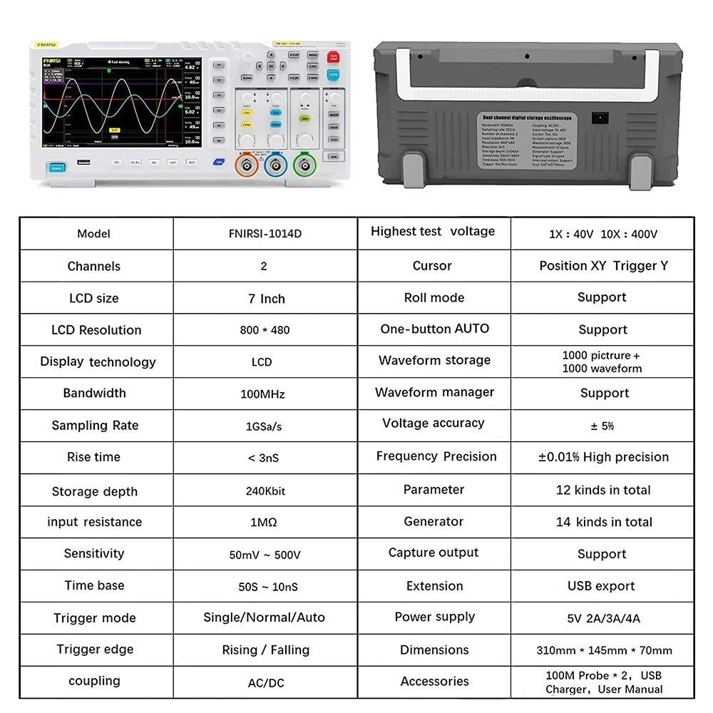 FNIRSI 1014D 2 in 1 Digital Oscilloscope, 2 Channels, 100Mhz Bandwidth, 1GSa/s Sampling Rate, DDS Signal Generator - EU Plug