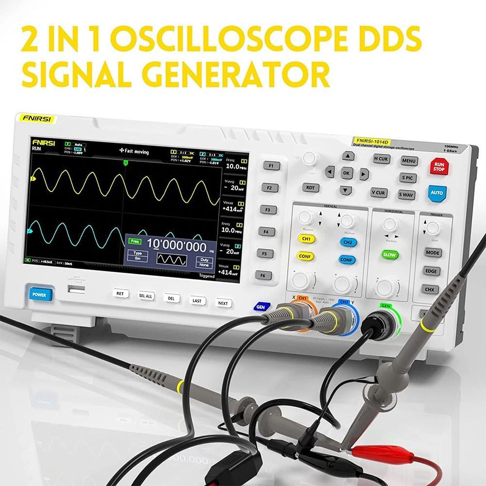 FNIRSI 1014D 2 in 1 Digital Oscilloscope, 2 Channels, 100Mhz Bandwidth, 1GSa/s Sampling Rate, DDS Signal Generator - EU Plug