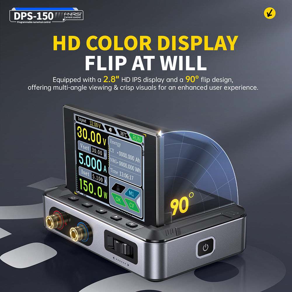 FNIRSI DPS-150 DC Power Supply Variable, 30V 5A Adjustable, 150W Power, 4-Digit IPS Display, 90 Degree Flip Degin, <20mV Power Ripple, PD/QC/DC Input, PC Programmable Switching