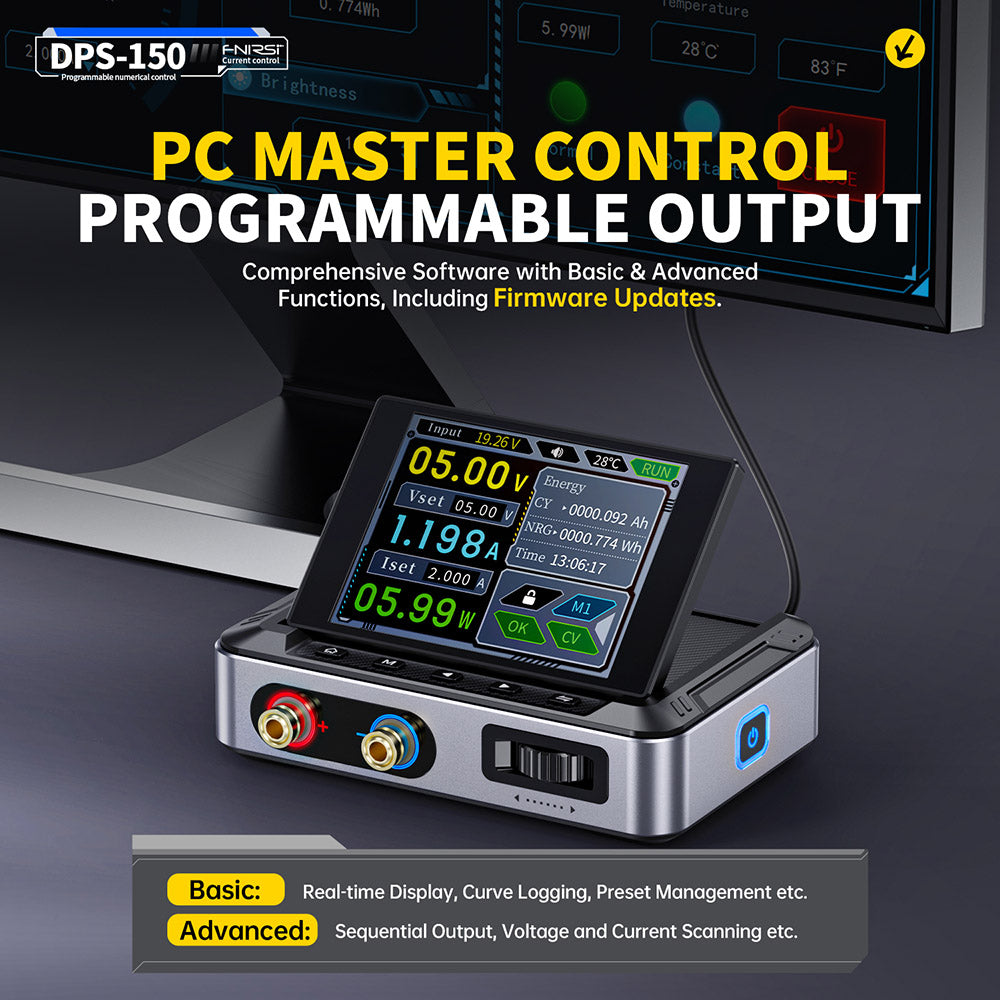 FNIRSI DPS-150 DC Power Supply Variable, 30V 5A Adjustable, 150W Power, 4-Digit IPS Display, 90 Degree Flip Degin, <20mV Power Ripple, PD/QC/DC Input, PC Programmable Switching