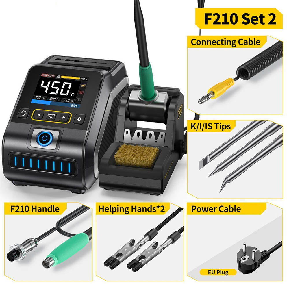 FNIRSI DWS-200 F210 Premium 200W Soldering Iron Station Kit, with 3 Iron Tips and 2 Helping Hands, Temp Value & Curve Mode, 3 Temperature Storage, Full-Color Display